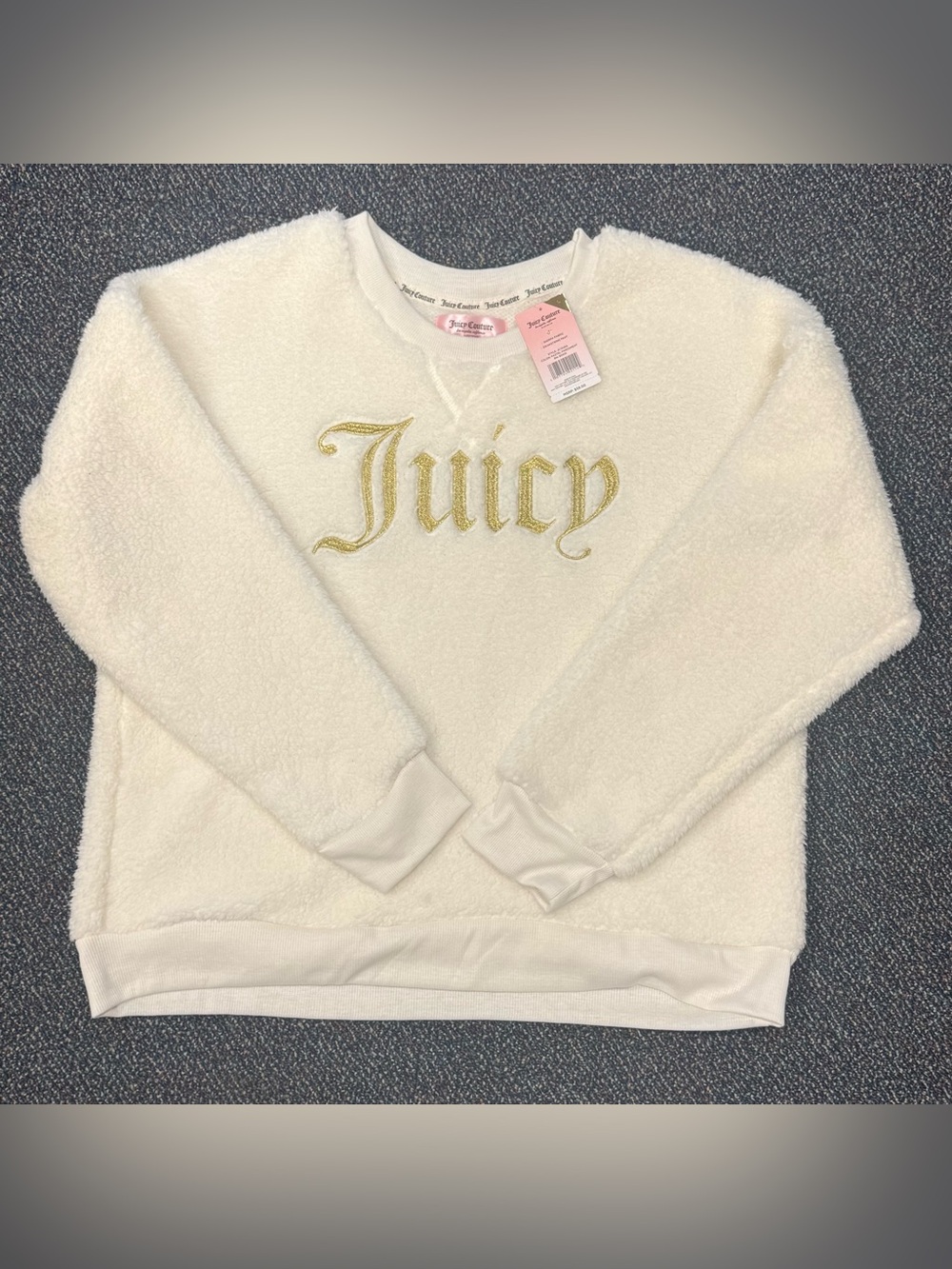 Juicy Couture Cream Fuzzy Crewneck with Gold 'Juicy' Embroidery